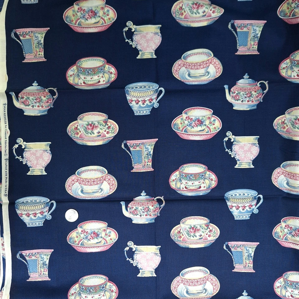 Joan Kessler Concord Fabrics Tea Cups Dark Blue Cottagecore Quilting Cotton 30"L - Image 2 of 4