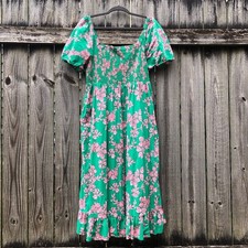 J. Crew Smocked Puff Sleeve Floral Midi Dress Size L Green BO654 100% Cotton