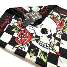 NWT ED HARDY Graphic Skull Roses Checkered Scarf Sarong Wrap B&W 43"x 43" Square