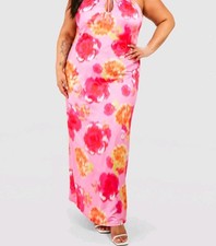 Boohoo Plus Pink Floral Maxi Dress 18 Halter Tie Spaghetti Strap Summer NWT UK