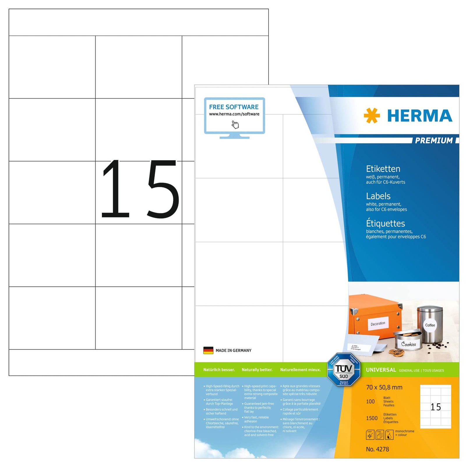 HERMA Self Adhesive Multi-Purpose Labels, 15 Labels Per A4 Sheet, 1500 Labels Fo