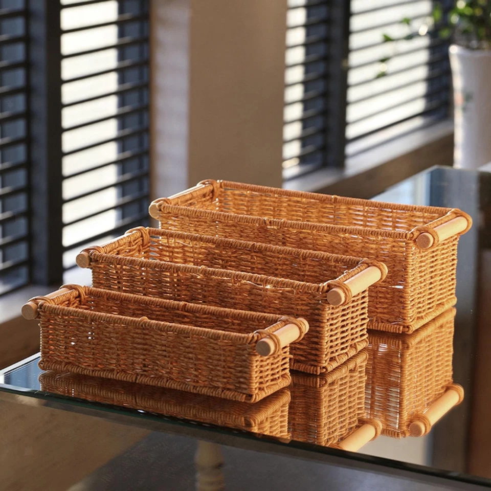 Imitation Rattan Storage Basket Long Narrow with Handles Woven Baskets Rattan - Image 2 of 4