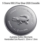 5 Grams 2026 Australian Crocodile 999.5 Silver Bullion Round Coin Handmade