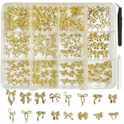LERBOU 120Pcs 3D Gold Bow Nail Charms, 12 Designs Assorted Metal Set 01