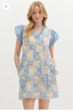 Entro Puff Sleeves Embroidered Dress Blue Womens Size L Lined Mini