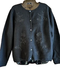 Charter Club Women Sz PM Sweater 100% Wool Floral Cardigan Embroidered Australia