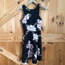 Aqua Black Pink Floral Womens XS Mini Dress Scuba Fit Flare Skater