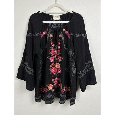Savanna Jane Blouse 1X Black Floral Embroidered Boho Peasant Tunic Whimsigoth
