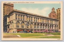 Linen Postcard Chicago Public Library Randolph & Michigan Streets 1930s