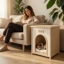 Solid Cedar Wood Indoor Dog House with Cushion, Side Table for Small Pets