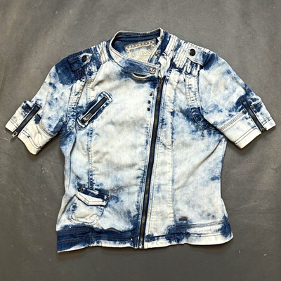 GUESS Damen Jeansjacke Batik blau/weiß 3/4-Ärmel Reißverschluss kurz S