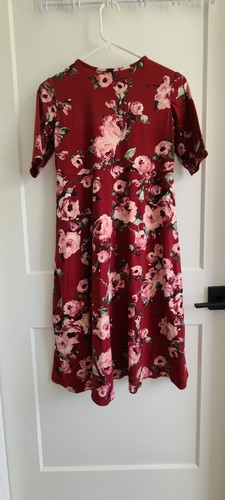 Handmade Girls Full Dress Red Floral Stretch Modest Size 10/12 - Picture 3 of 4