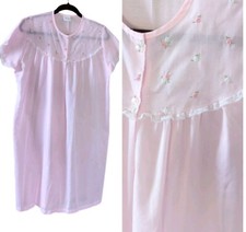 Vintage Nightgown Pink Floral Embroidered Short Sleeve Muumuu Semi Sheer Dress
