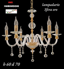 LAMPADARIO CRISTALLO 5 LUCI SFERA  RIPORTI ORO FRANCESE  SOSPENSIONE ARTIGIANALE