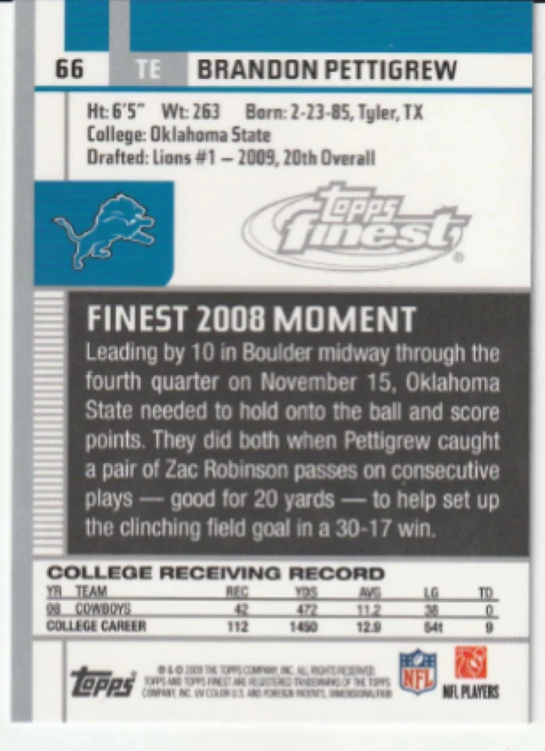 2009 TOPPS FINEST BRANDON PETTIGREW ROOKIE CARD #66  NM/MINT CONDITION - Image 2 of 2