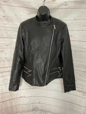 Thread & Supply Motorcycle Jacket Asymmetrical Zipper Front Black Size L