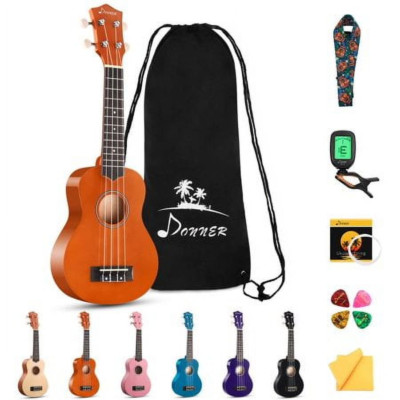 Donner DUS-10M 21'' Soprano Ukulele Kit with Online Lesson, Bundle, Strap, String