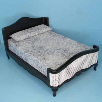 Dollhouse Miniature Black Wood Double Bed with Grey Floral Fabric T2688 
