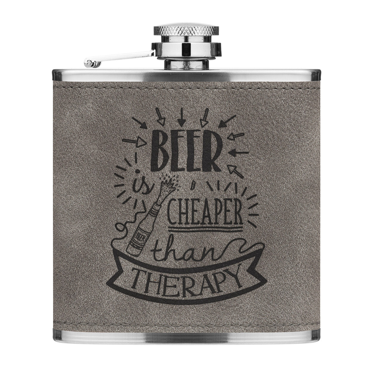 Beer Is Cheaper Than Therapy 6oz PU Leather Hip Flask Grey Funny
