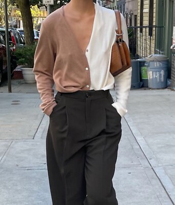 Duo Sweater Cardigan Creme Camel V Neck Color Block M NWT $159 