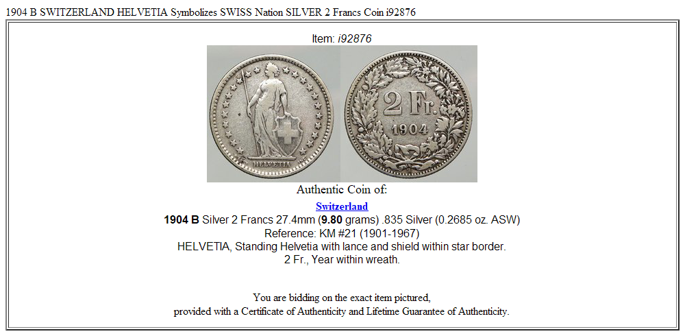 1904 B SWITZERLAND HELVETIA Symbolizes SWISS Nation SILVER 2