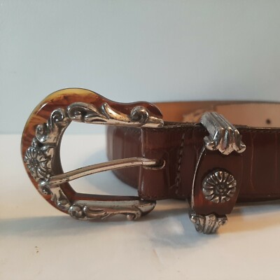 Sm Brighton Brown Leather Belt Embellished Silver Tortoise 