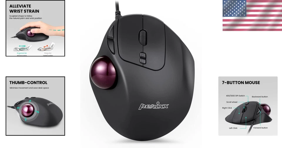 Wired Ergonomic Trackball Mouse - 7 Buttons with DPI Switch for Easy Navigation - Image 2 of 4