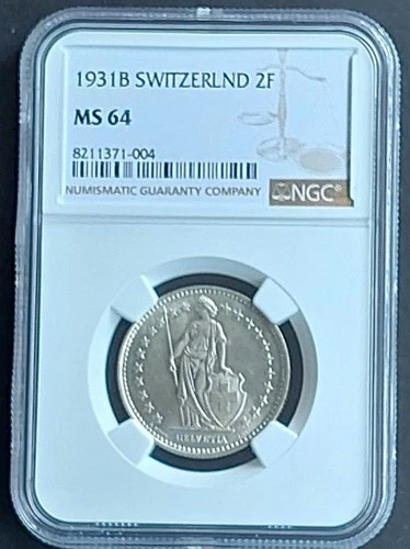 1931 B  Switzerland 2 Francs, NGC MS 64, nice  silver coin        #2000, # 65-10