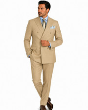 Beige Men Solid Color Double Breasted Classic Regular Fit Suit Elastic Waist