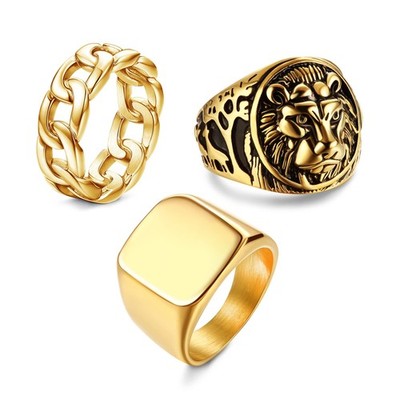 3Pcs 14K Gold Plated Rings for Men Women Chunky Cuban Link Ring, Size 9