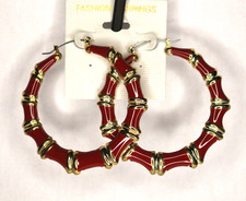 Fashion Gold Tone and Red Enamel Hoop Earrings Woman  s
