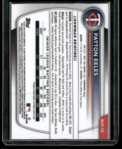 2025 Bowman - Payton Eeles - #BCP-78 rifrattore metallo acciaio /100 - Minnesota - Foto 2 di 2