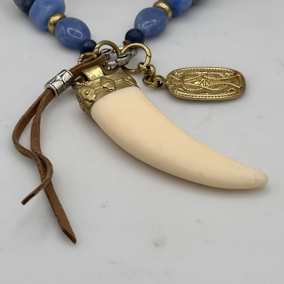 Chico’s Blue Bead Necklace w/ Resin Tusk Pendant & Gold Tone Charms Adjustable - Image 2 of 4