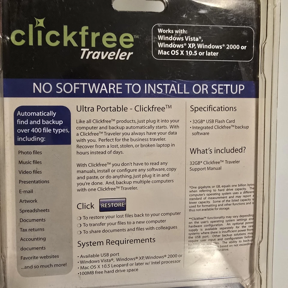 Click Free 32GB traveler ultra portable file backup USB Hard drive click free - Image 2 of 4