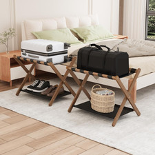 Walnut Bamboo Luggage Rack Set of 2, Foldable Suitcase Stand with Shelf