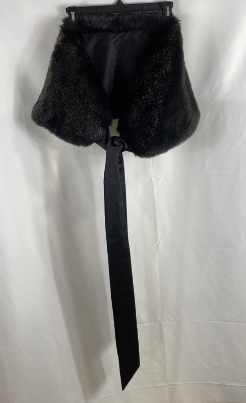 Women's Black Faux Fur Shawl Stole Wrap Lined Satin Tie Formal Winter OS
