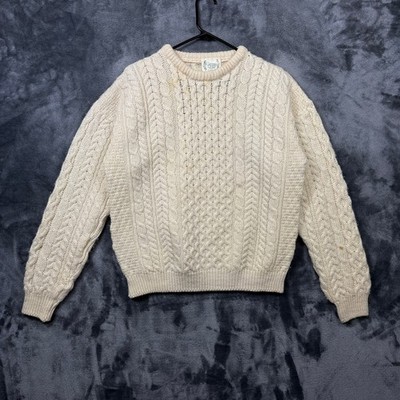 Carraig Donn Aran Sweater M Cream Pure New Wool Cable Knit Made in Ireland