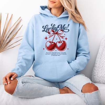 Lucky Me Cherries Ribbon Self-Care Inspirational Damen Hoodie Positive Botschaft