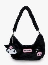 Bioworld X Sanrio's Kuromi Fuzzy Shoulder Bag Purse Black w/ Plush Key Chain NWT