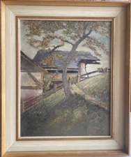 Oil Painting Undeutl. Sign Landscape with Tree On Hill Before Barn & Houses