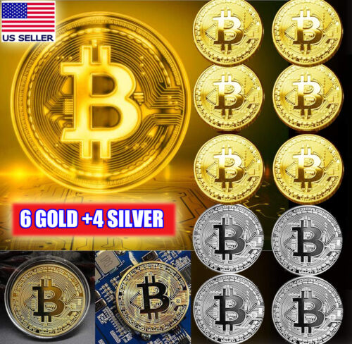 10 Pcs Gold & Silver Bitcoin Coins Commemorative Collectors Gold Plated Bit Coin - Afbeelding 1 van 4