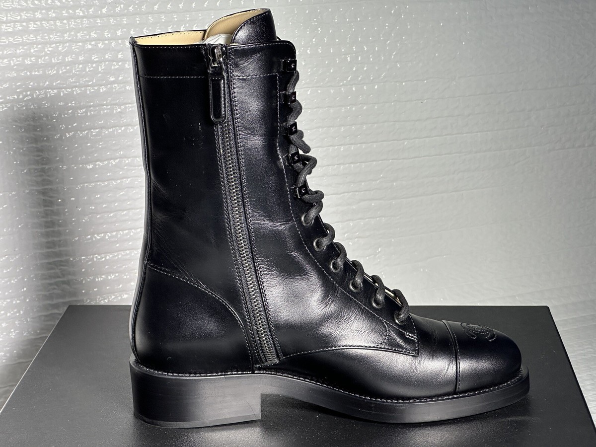 CHANEL WOMEN BLACK LEATHER LACE UP/SIDE ZIPPER COMBAT BOOTS CHANEL WOMEN BLACK LEATHER LACE UP/SIDE ZIPPER COMBAT BOOTS