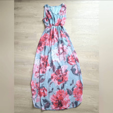 Mia & Tess Women’s Medium Long Floral Maxi Dress Blue Sleeveless V-Neck Pullover