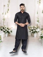 Traditional Black Pathani Cotton Kurta Pajama Outfit for Men