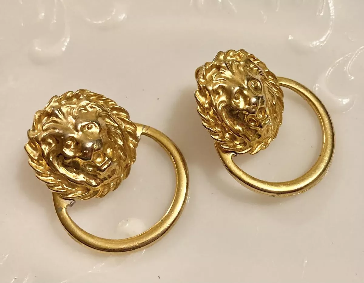 Anne Klein Lion Head CLIPS earrings Single Loop Door Knocker 1.4 Lg Gold Plate