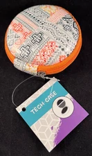 Tech Case - Earbuds Case - Hard Sides - Zipper - Cord Storage - Orange Patterned