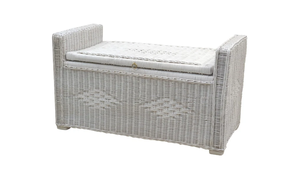 moderne Sitztruhe weiß inkl. Sitzkissen Wäschetruhe Rattantruhe Sitzbank design - Bild 2 von 4