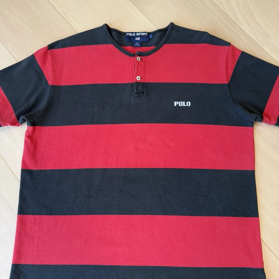 Винтажная спортивная рубашка Polo L красная черная в полоску 90 короткий рукав Henley New York RRL - Изображение 3 из 4