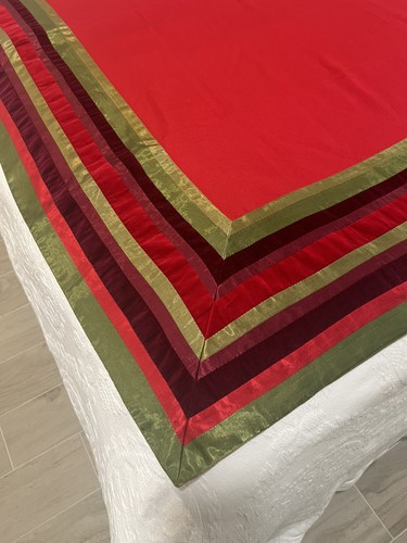 Crate & Barrel Rossetti Square Tablecloth 60” X 60” Red With Stripe Ribbons - Picture 3 of 20