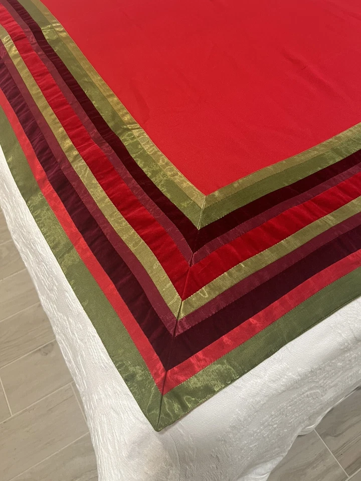 Crate & Barrel Rossetti Square Tablecloth 60” X 60” Red With Stripe Ribbons - Image 3 of 4